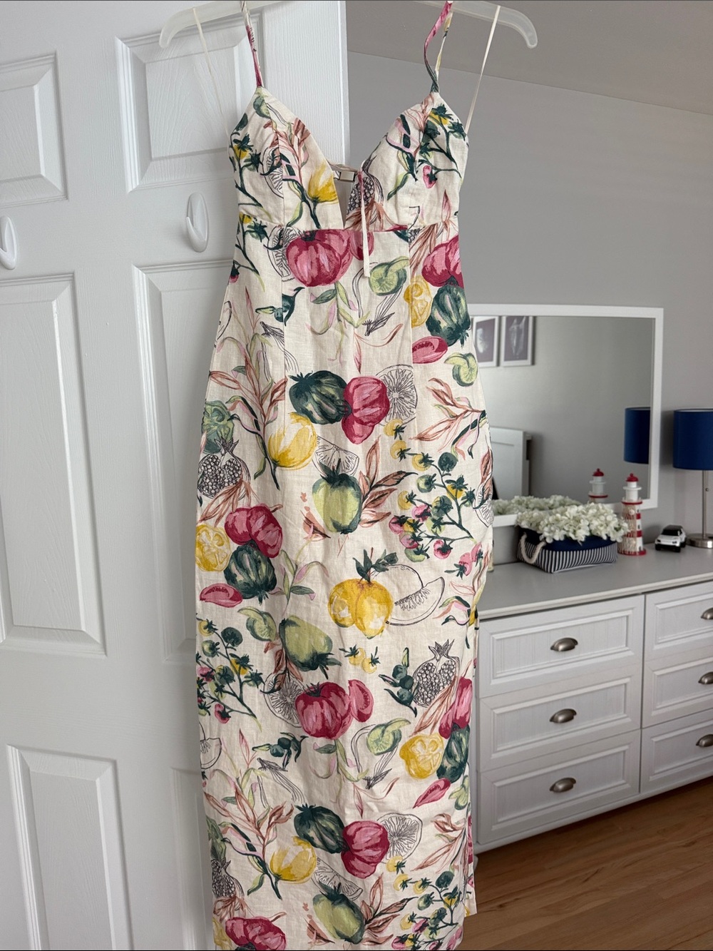 Abercrombie Floral Fruit-Print Spaghetti Strap Midi Dress - Cream